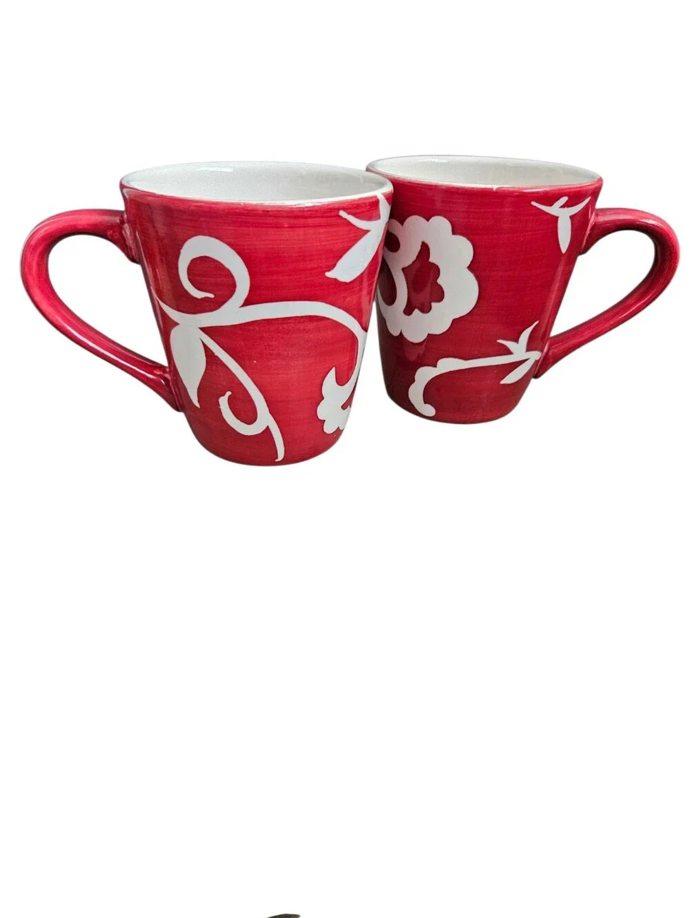 Sandra By Sandra Lee Set Of Two Red White Floral Damask Stoneware Mugs Cottage